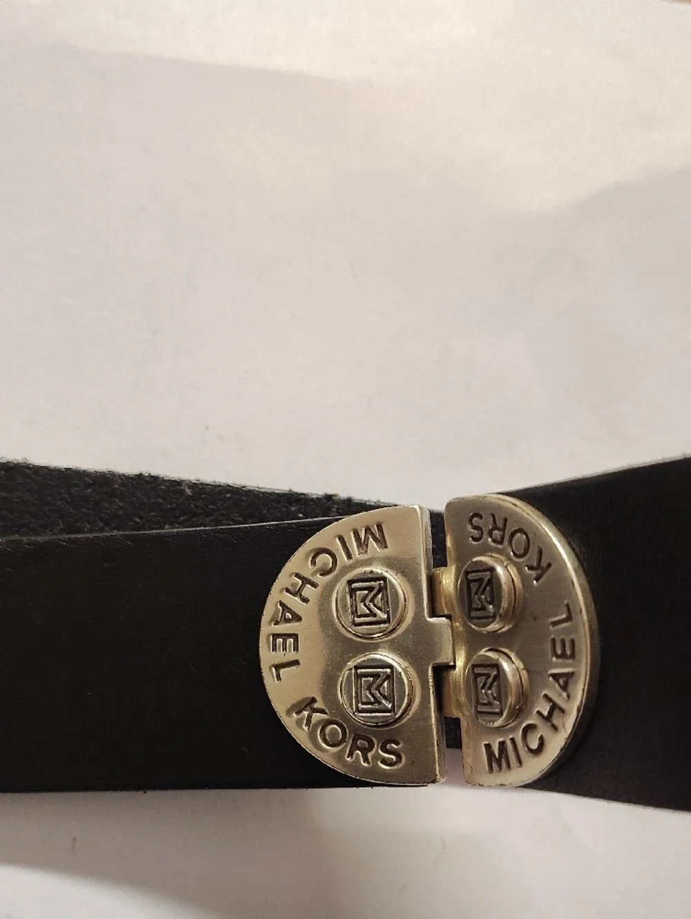 Michael Kors Black Leather Belt with Gold-Tone Buckle and Logo Studs